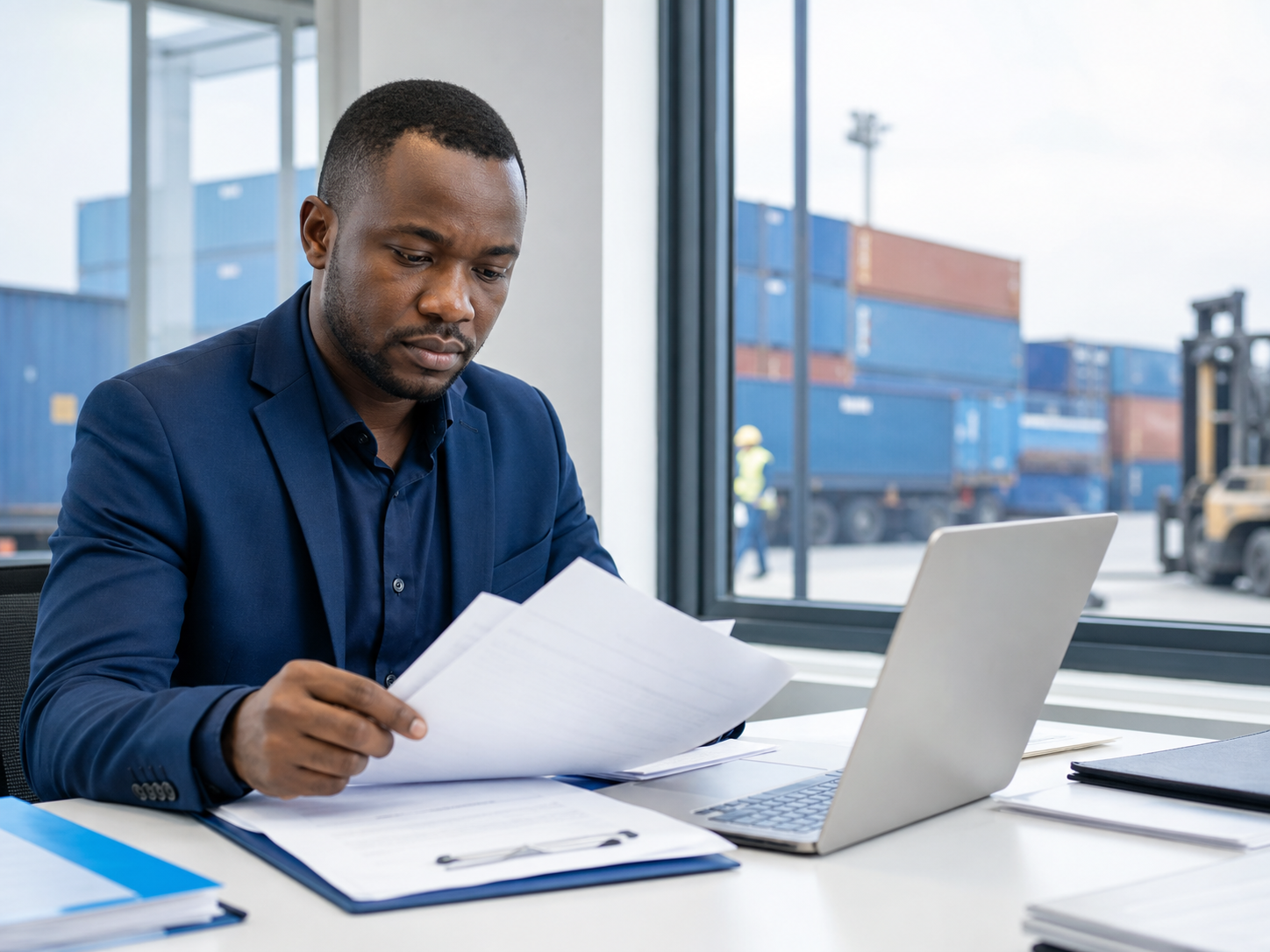 Expert douanier vérifiant un dossier d’importation
